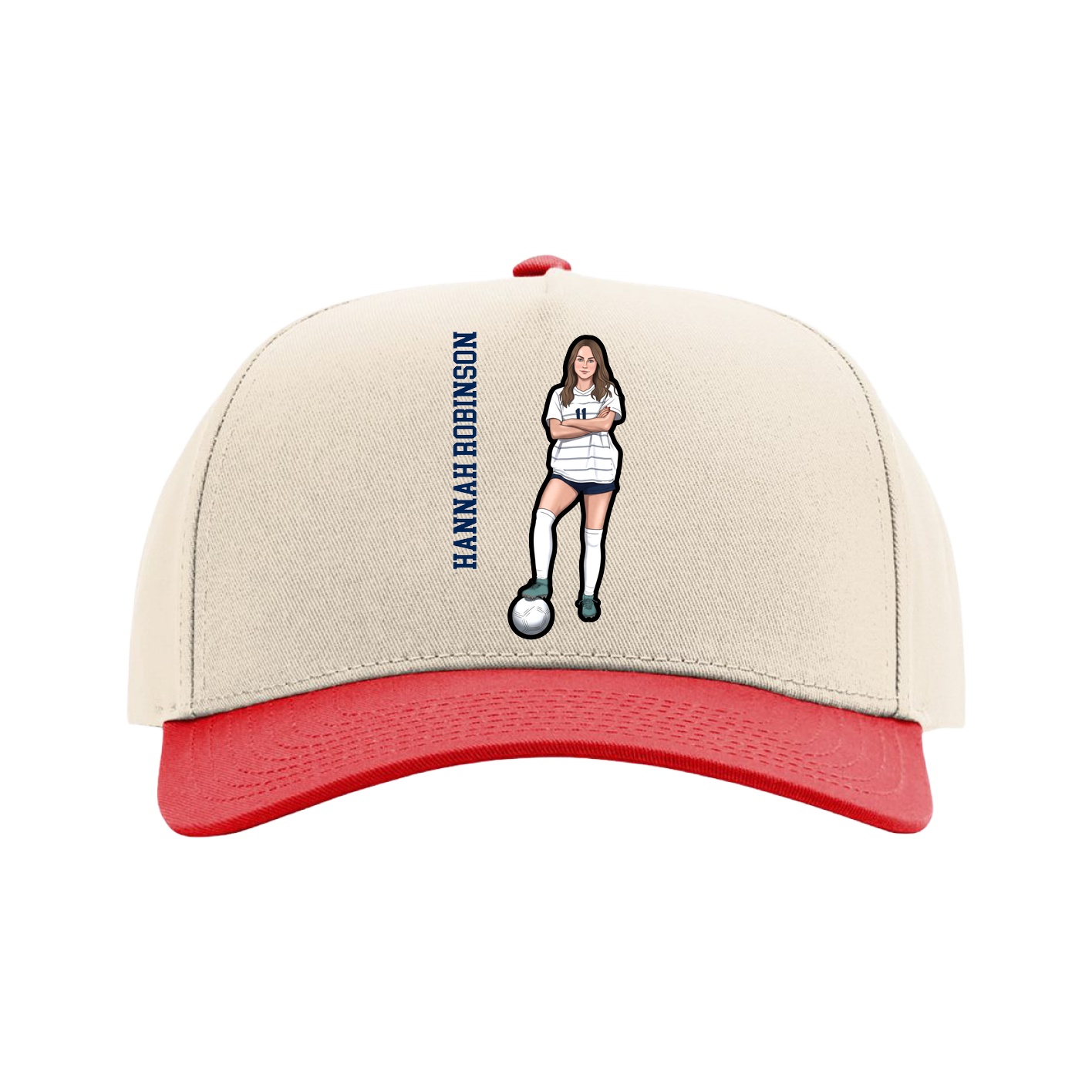 Full Fabric Five-Panel Champ Cap — Name Vertical in Cream/Red