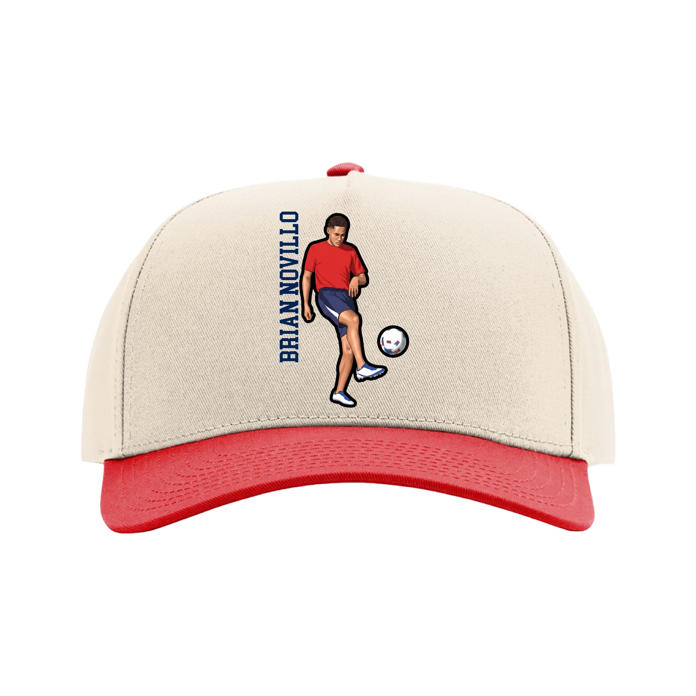 Full Fabric Five-Panel Champ Cap — Name Vertical in Cream/Red
