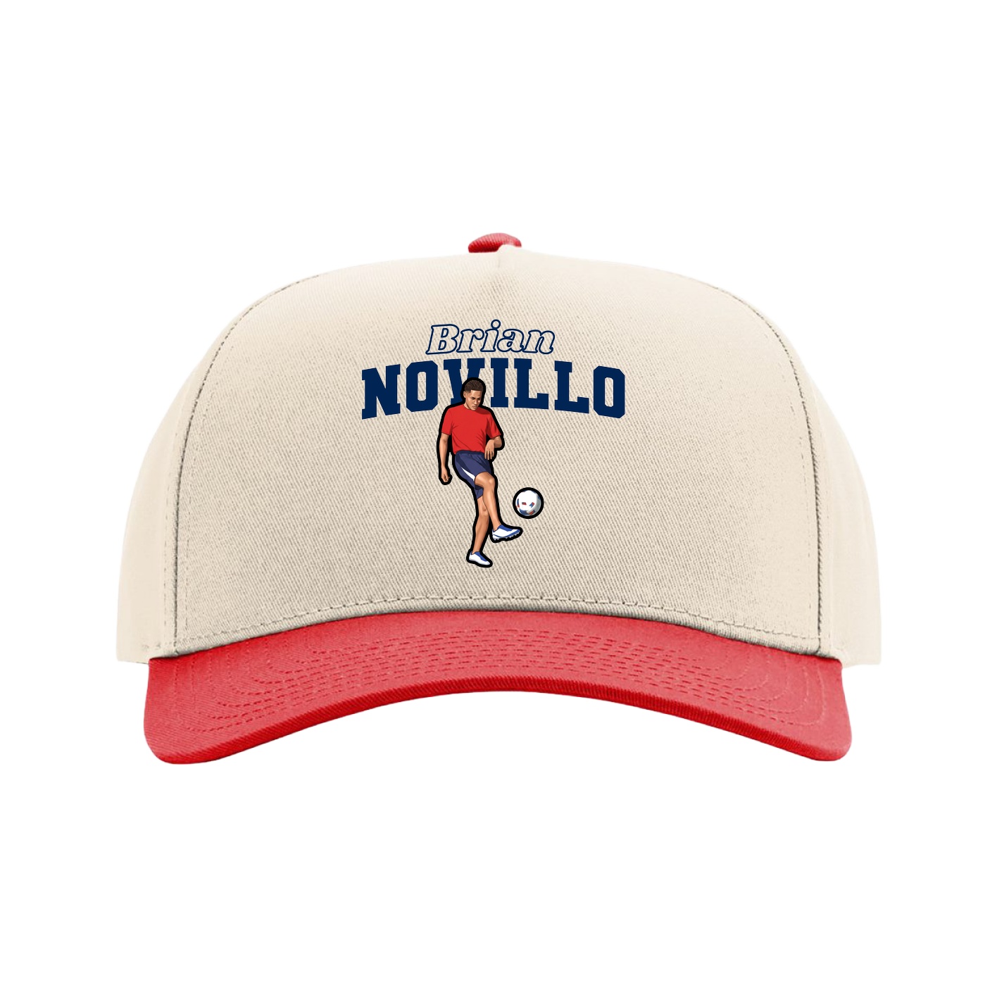 Full Fabric Five-Panel Champ Cap — Name Arch in Cream/Red