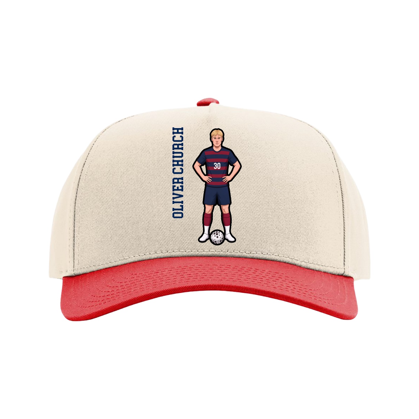 Full Fabric Five-Panel Champ Cap — Name Vertical in Cream/Red