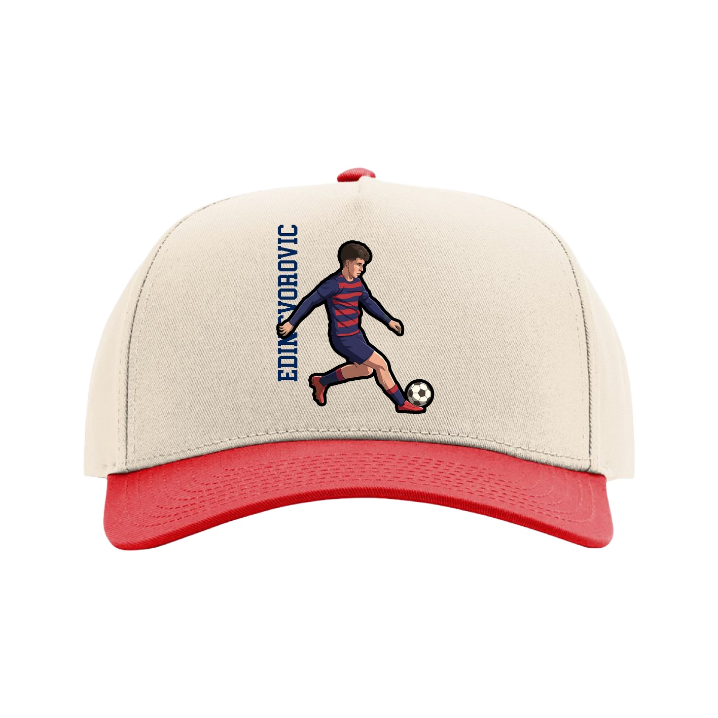 Full Fabric Five-Panel Champ Cap — Name Vertical in Cream/Red