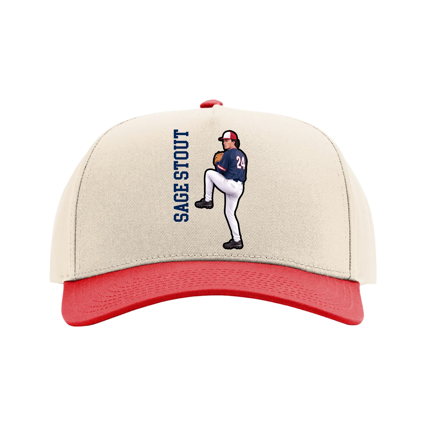 Full Fabric Five-Panel Champ Cap — Name Vertical in Cream/Red