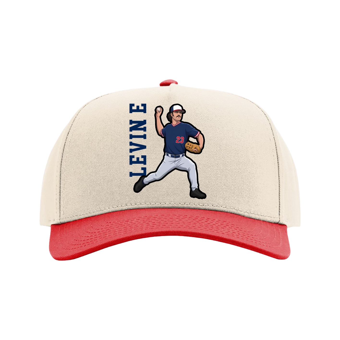 Full Fabric Five-Panel Champ Cap — Name Vertical in Cream/Red