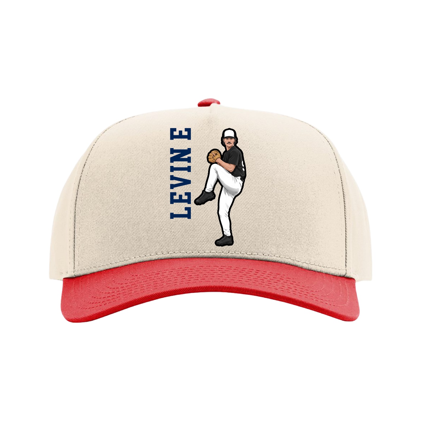 Full Fabric Five-Panel Champ Cap — Name Vertical in Cream/Red