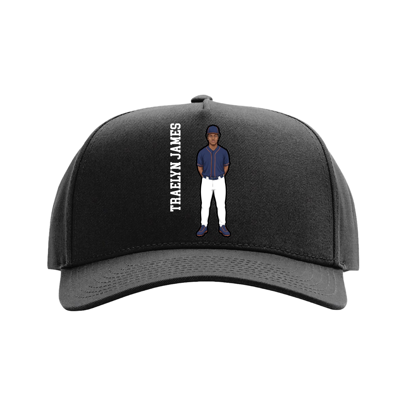 Full Fabric Five-Panel Champ Cap — Name Vertical in Black