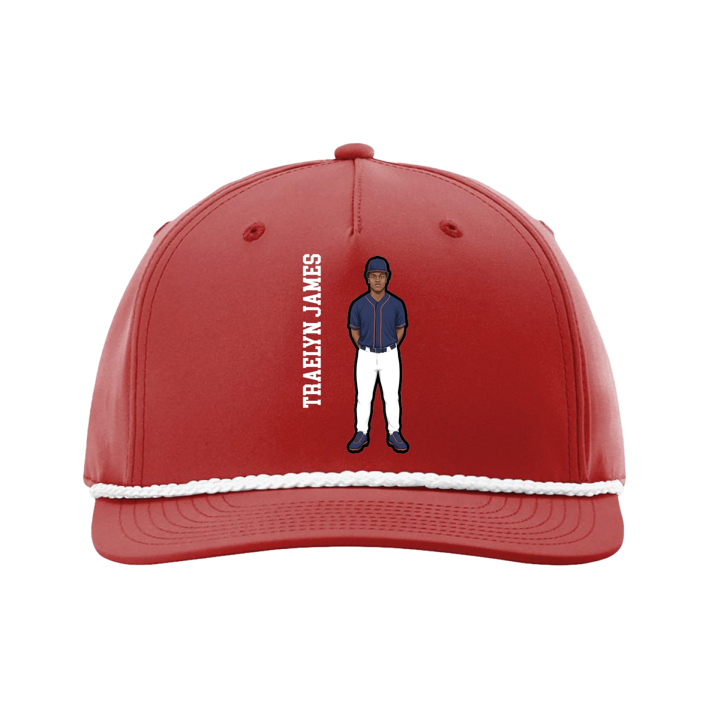 Five-Panel Classic Rope Cap — Name Vertical in Red