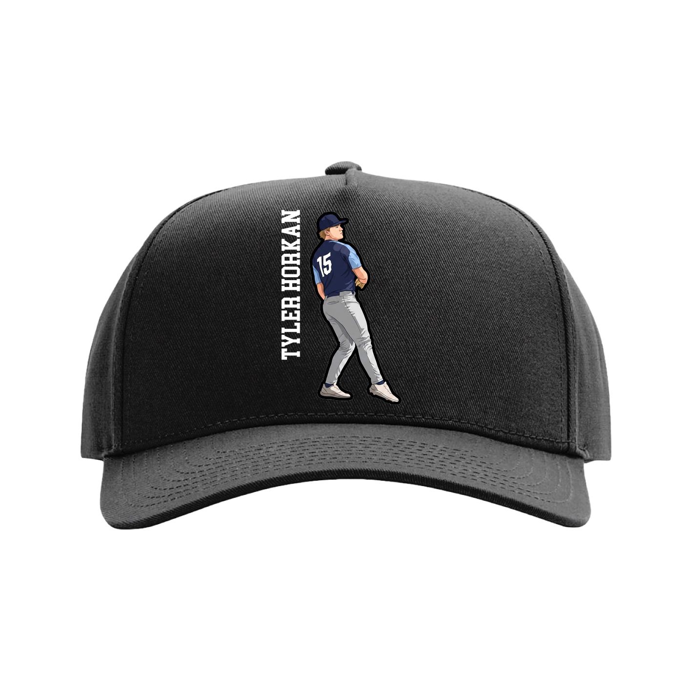 Full Fabric Five-Panel Champ Cap — Name Vertical in Black