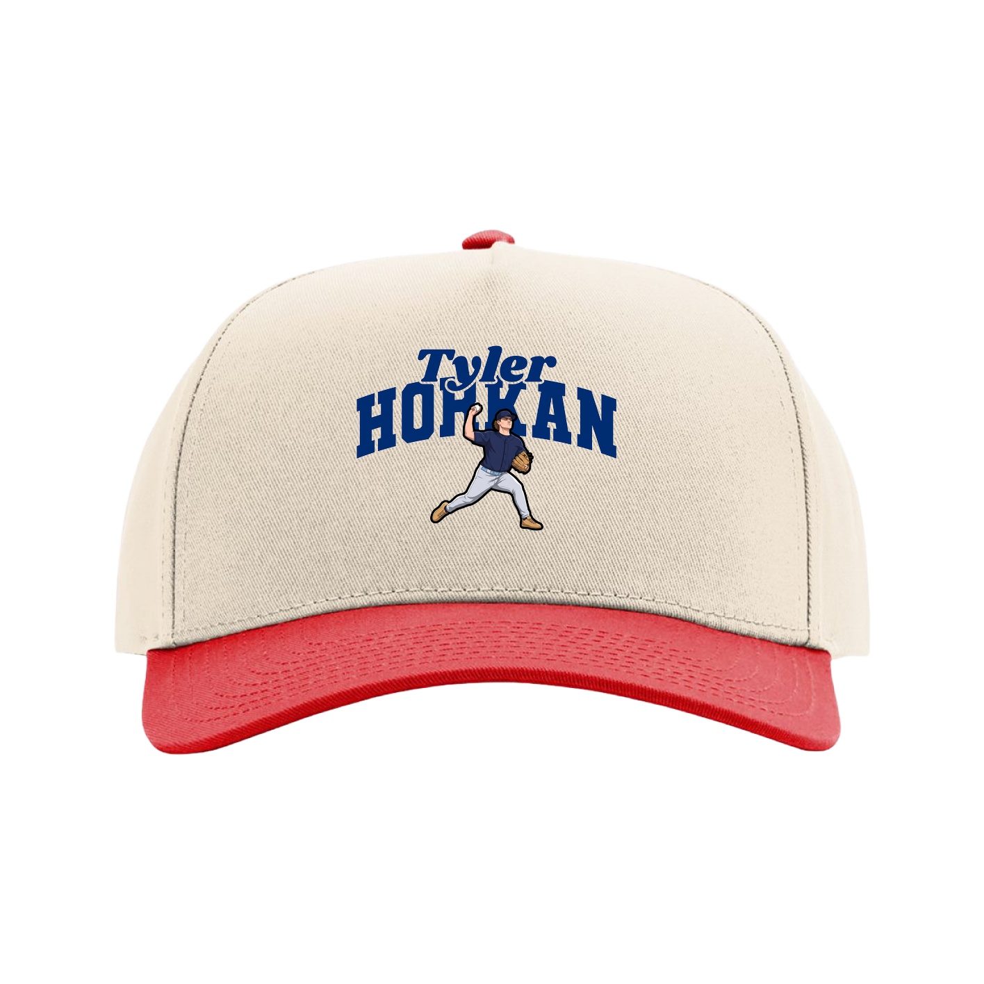 Full Fabric Five-Panel Champ Cap — Signature Arch in Cream/Red