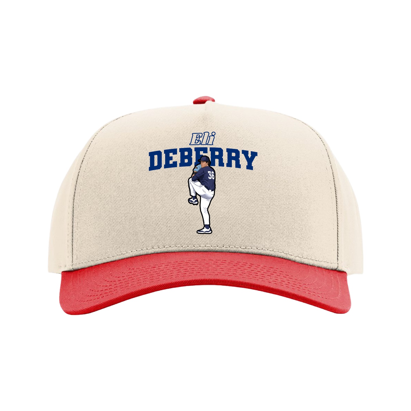 Full Fabric Five-Panel Champ Cap — Name Arch in Cream/Red