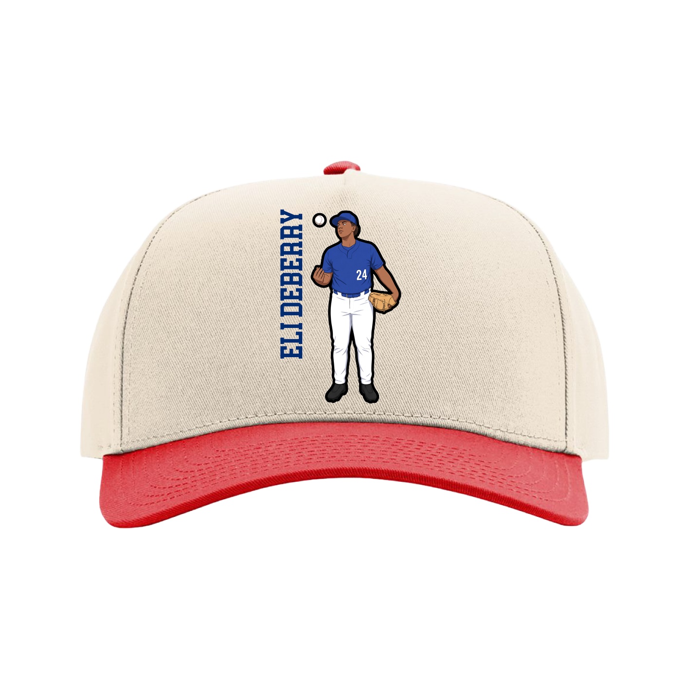 Full Fabric Five-Panel Champ Cap — Name Vertical in Cream/Red