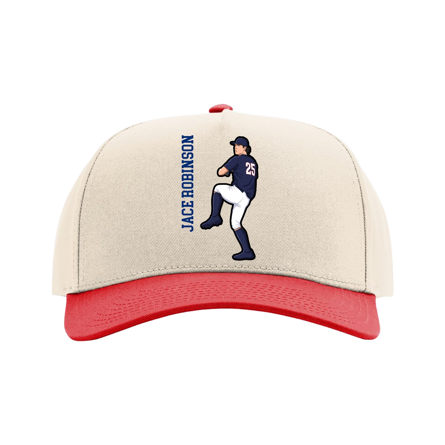 Full Fabric Five-Panel Champ Cap — Name Vertical in Cream/Red