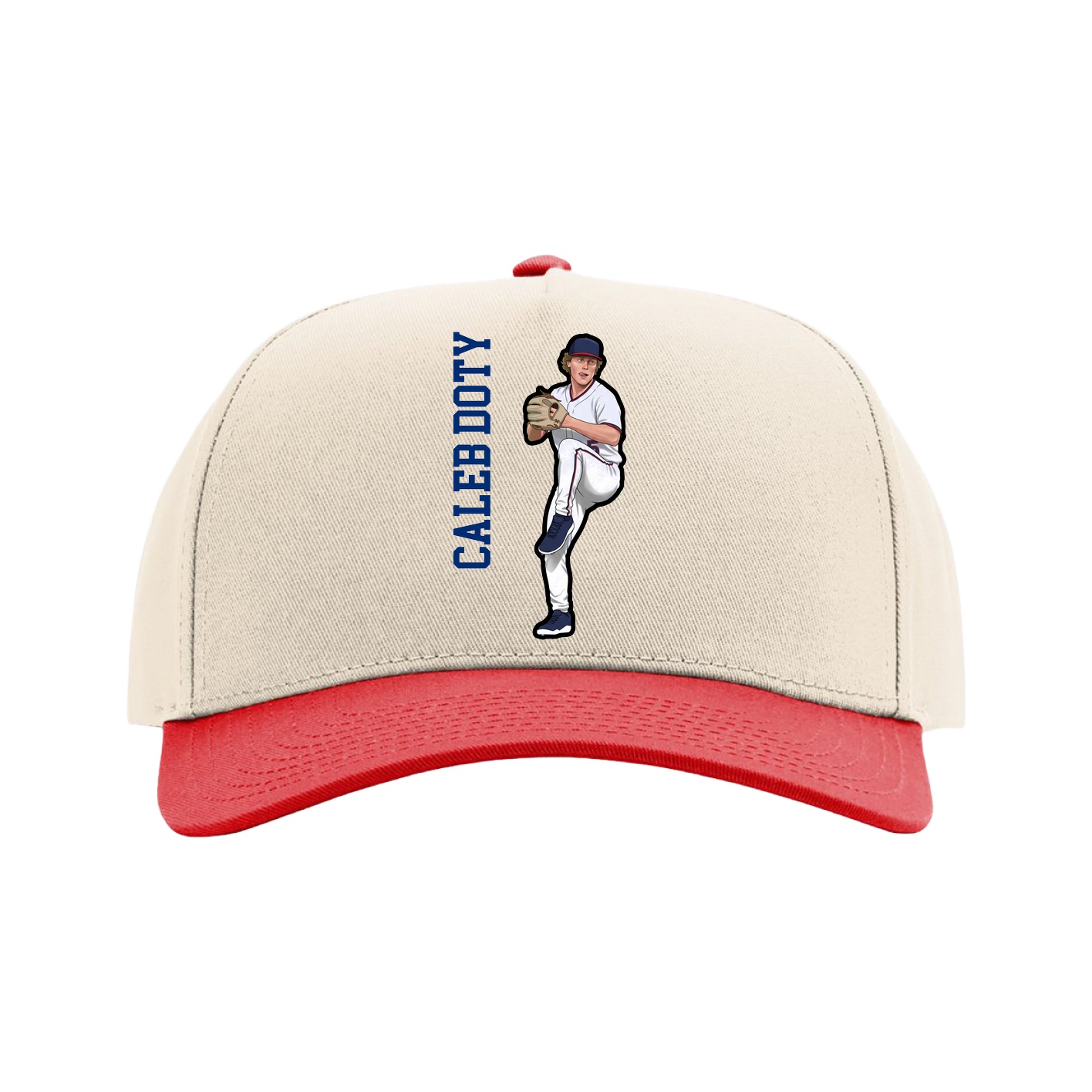 Full Fabric Five-Panel Champ Cap — Name Vertical in Cream/Red