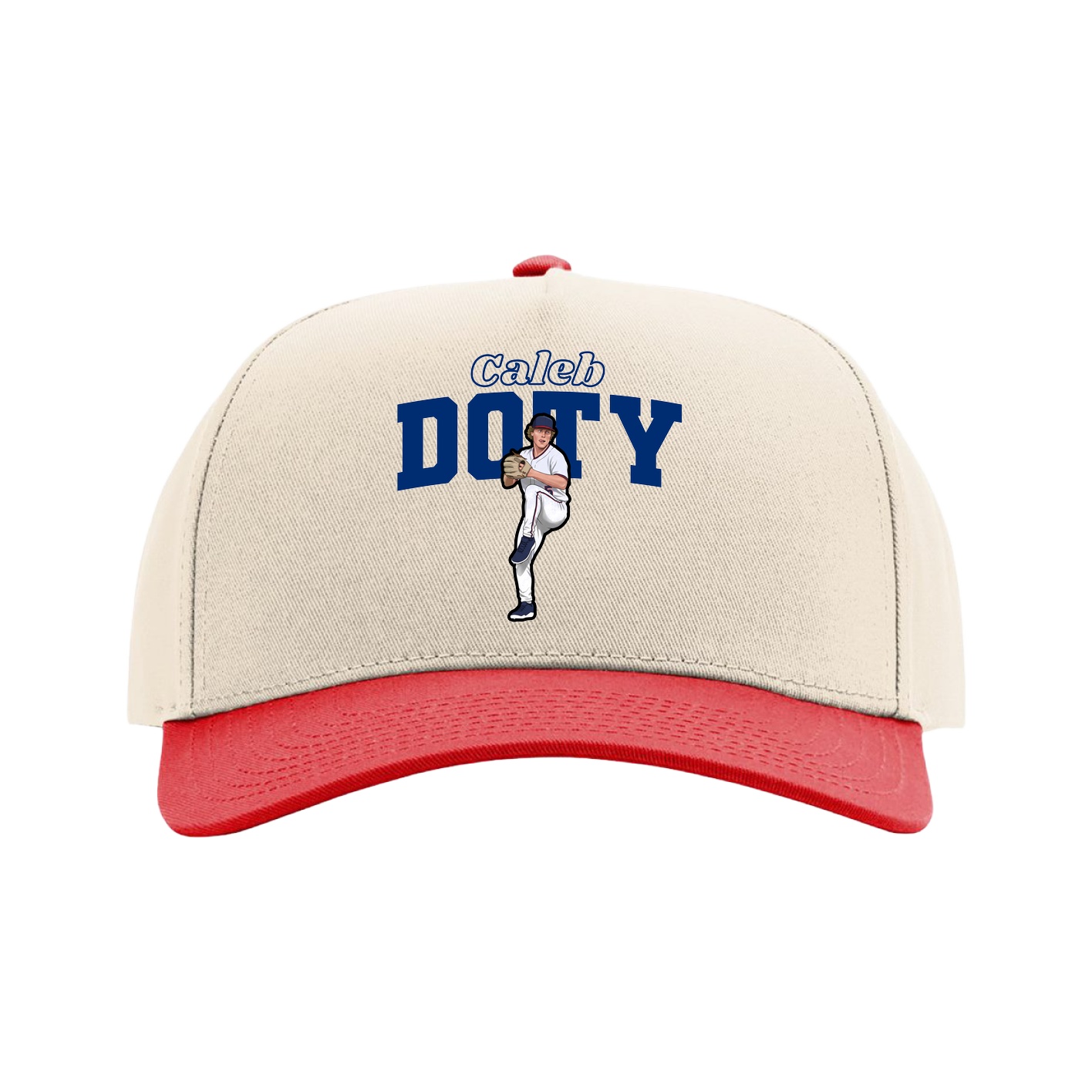 Full Fabric Five-Panel Champ Cap — Name Arch in Cream/Red