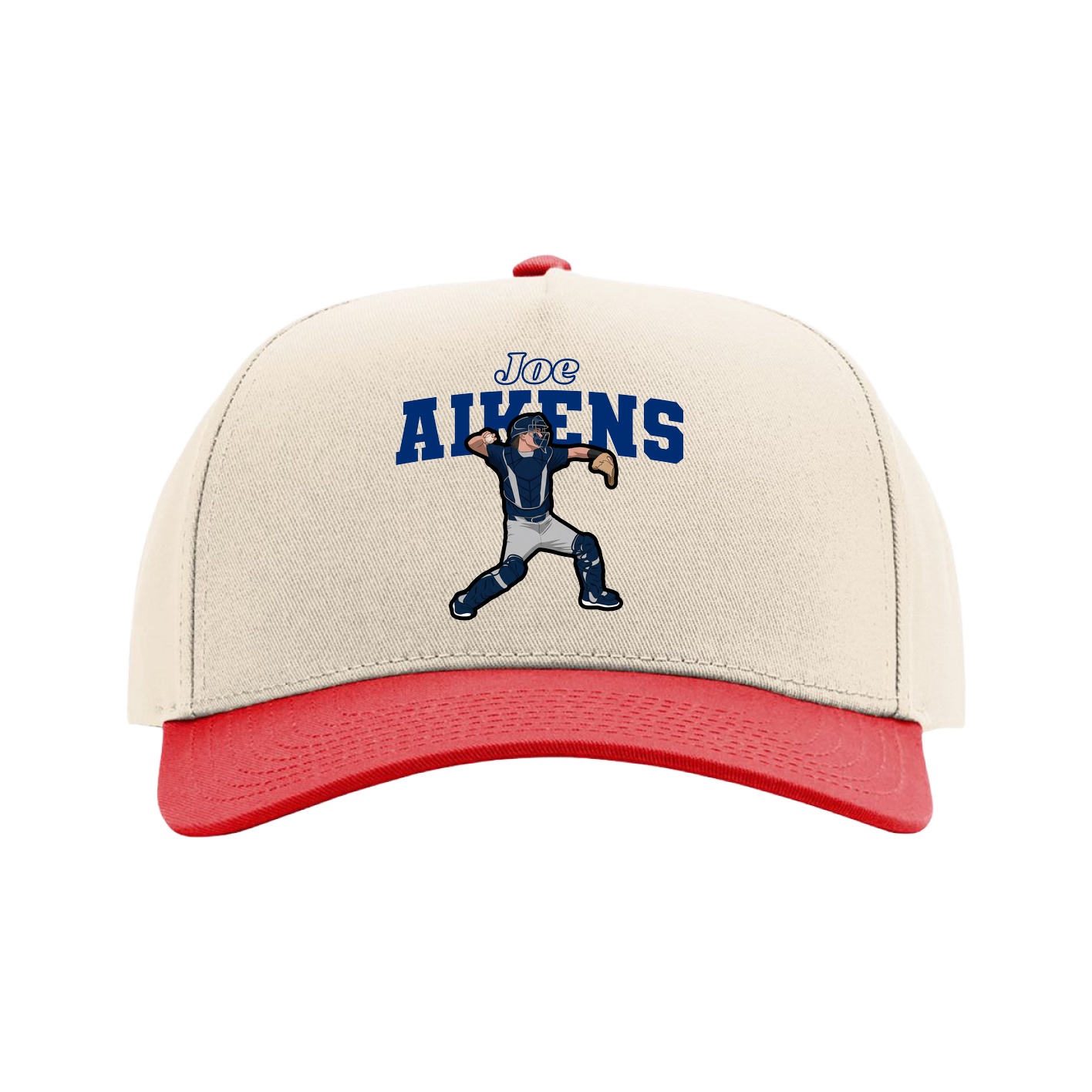 Full Fabric Five-Panel Champ Cap — Name Arch in Cream/Red