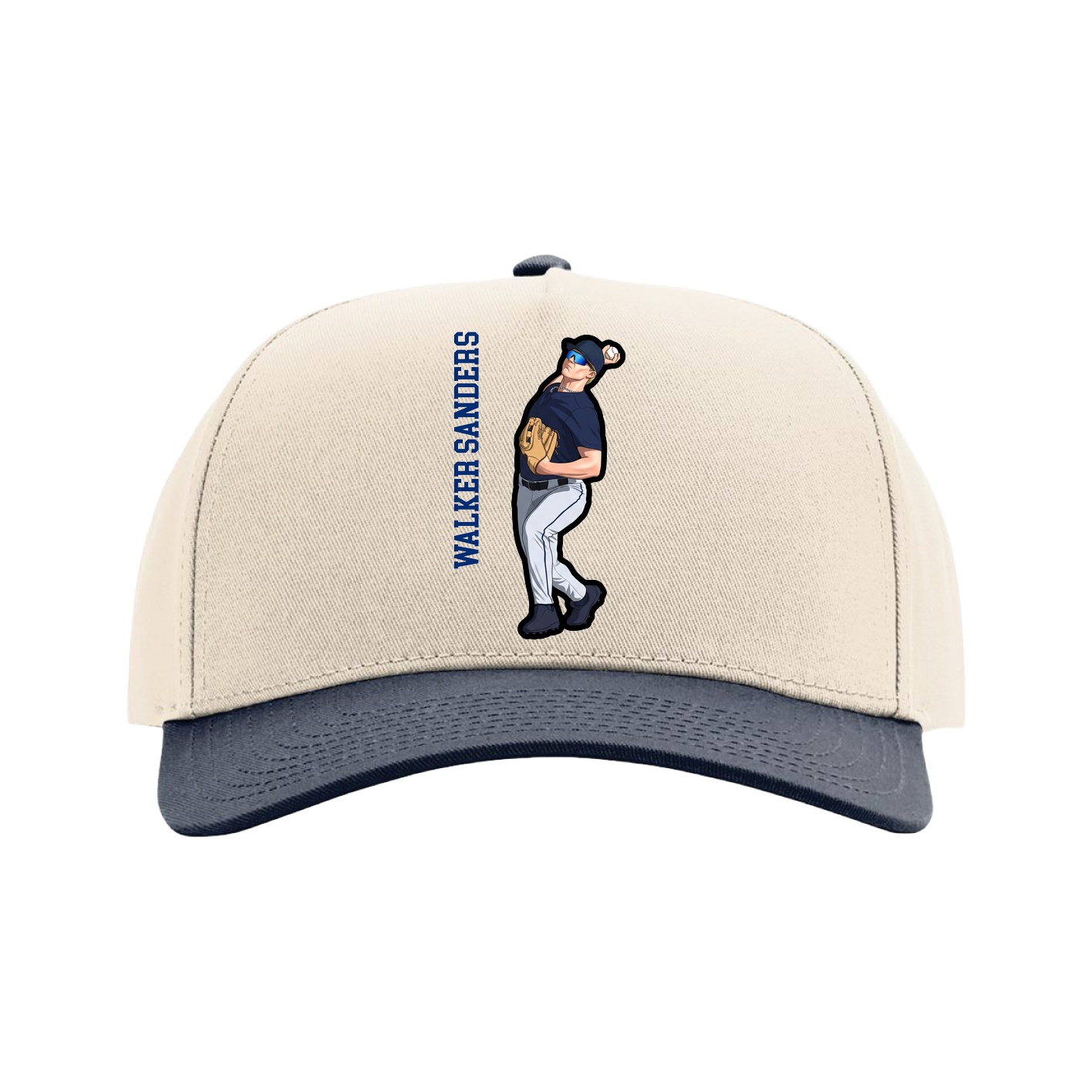 Full Fabric Five-Panel Champ Cap — Name Vertical in Cream/Navy