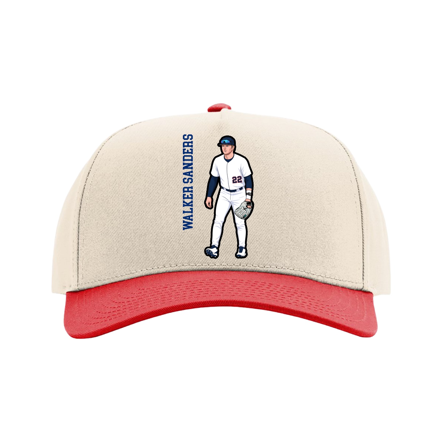 Full Fabric Five-Panel Champ Cap — Name Vertical in Cream/Red