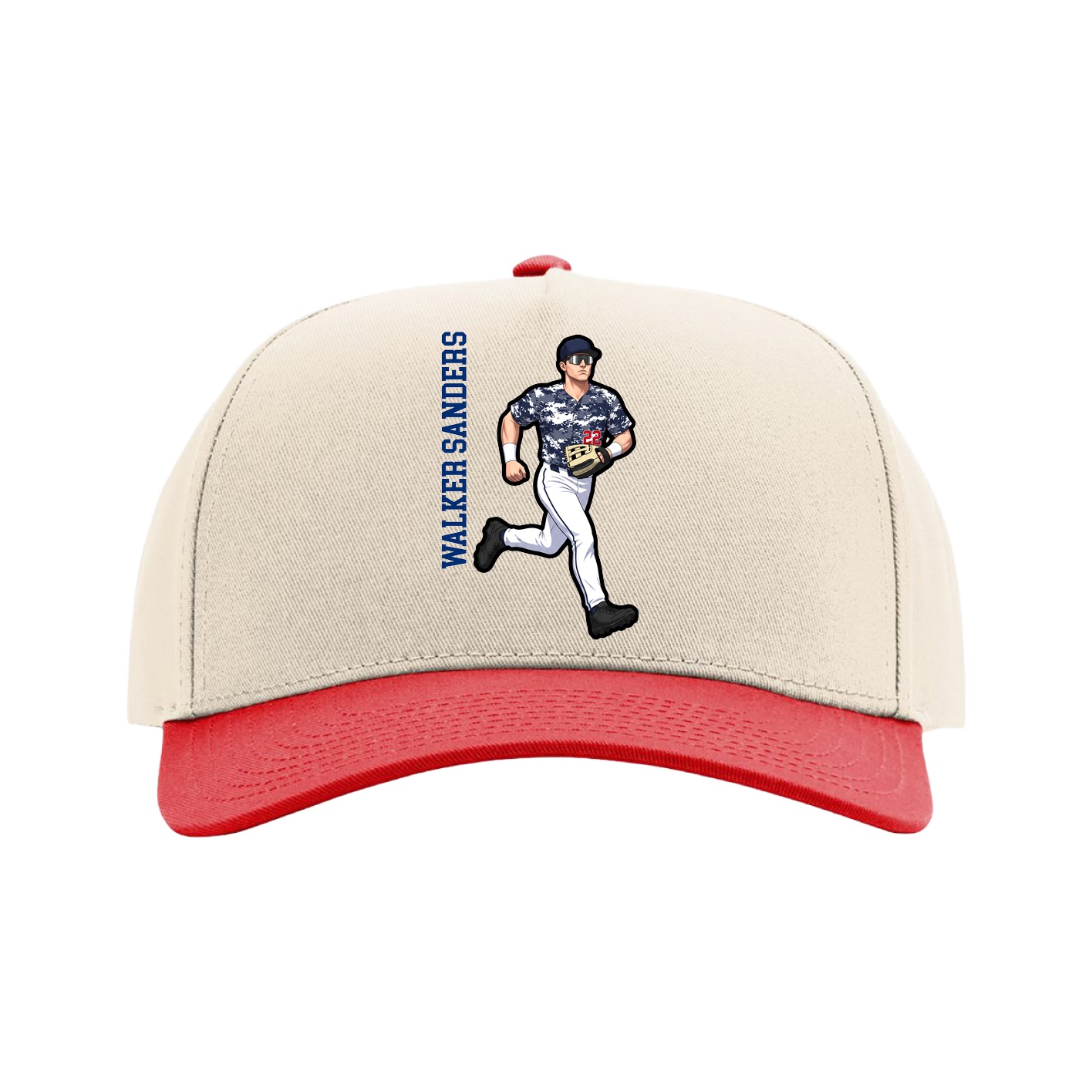 Full Fabric Five-Panel Champ Cap — Name Vertical in Cream/Red