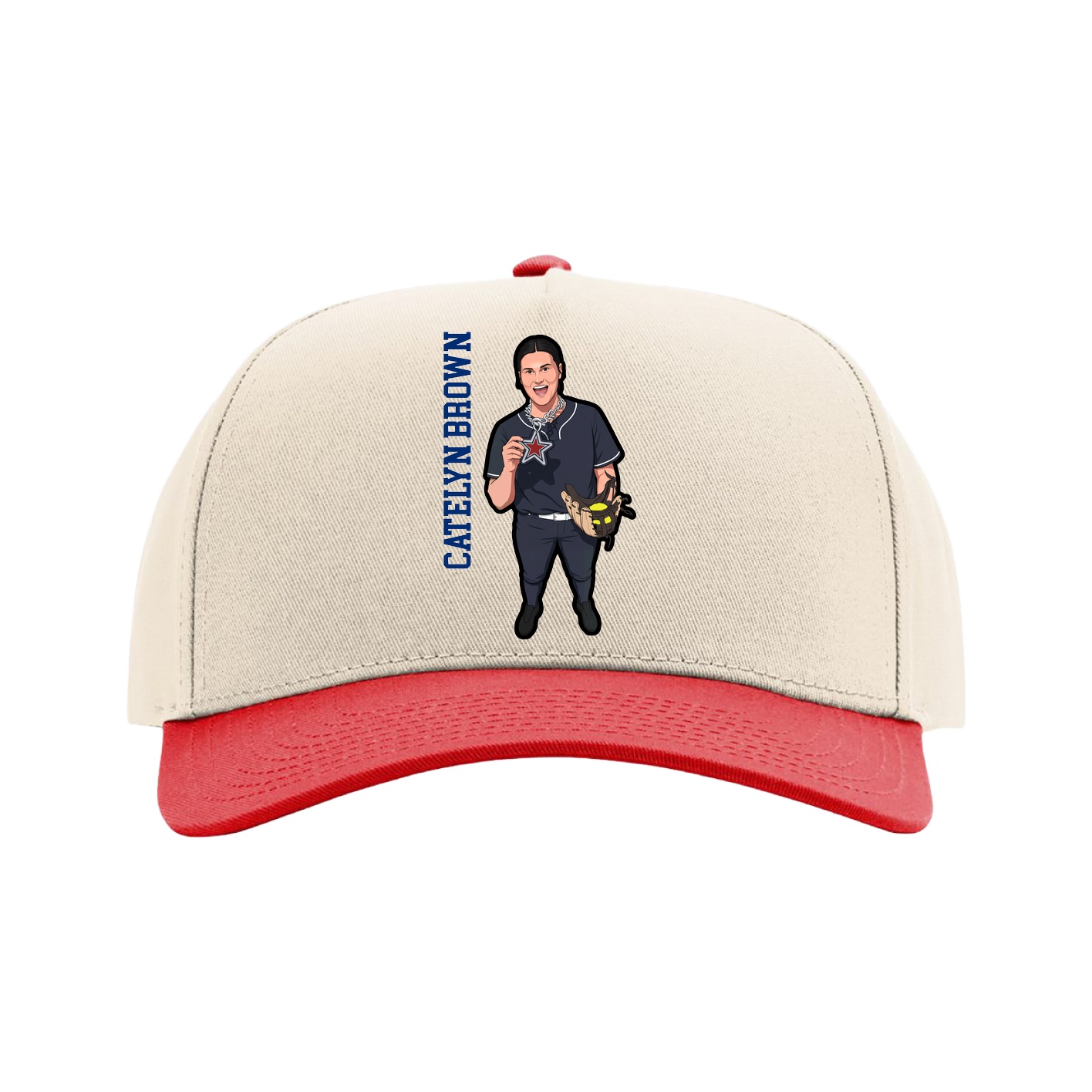 Full Fabric Five-Panel Champ Cap — Name Vertical in Cream/Red