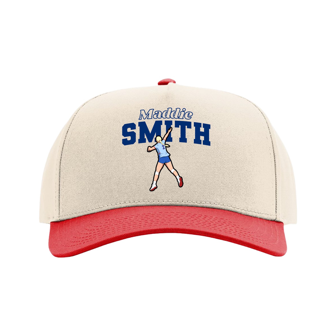 Full Fabric Five-Panel Champ Cap — Name Arch in Cream/Red
