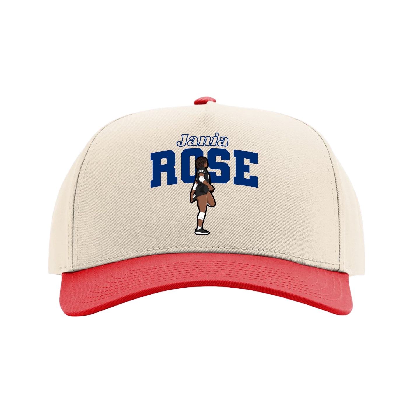 Full Fabric Five-Panel Champ Cap — Name Arch in Cream/Red
