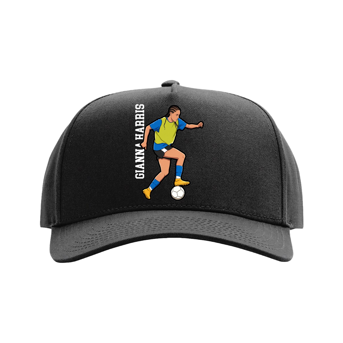 Full Fabric Five-Panel Champ Cap — Name Vertical in Black