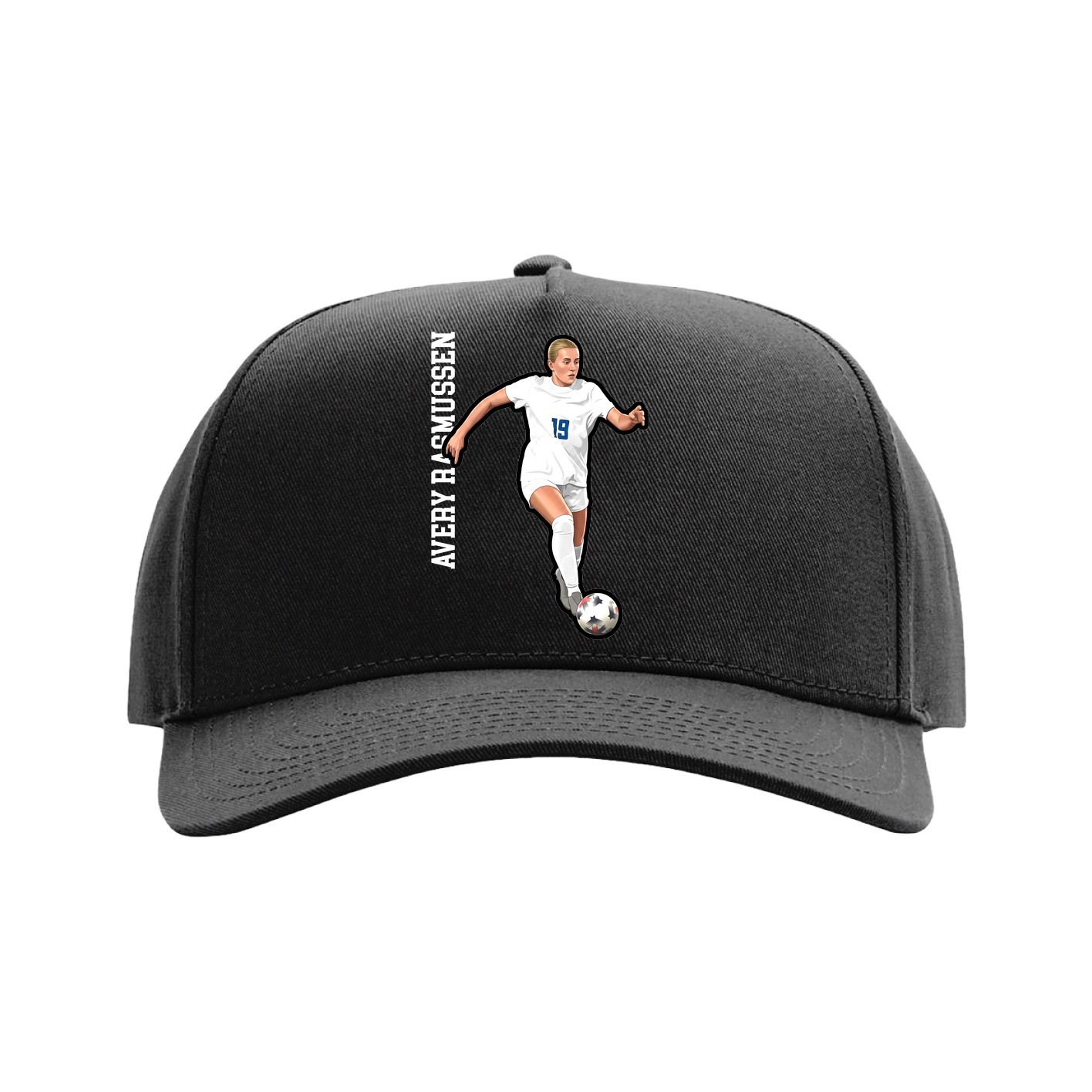 Full Fabric Five-Panel Champ Cap — Name Vertical in Black