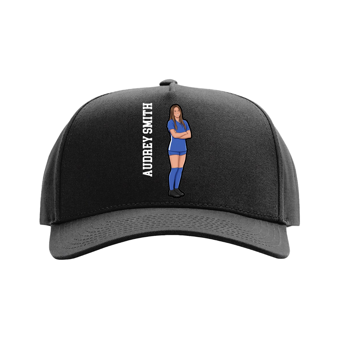 Full Fabric Five-Panel Champ Cap — Name Vertical in Black