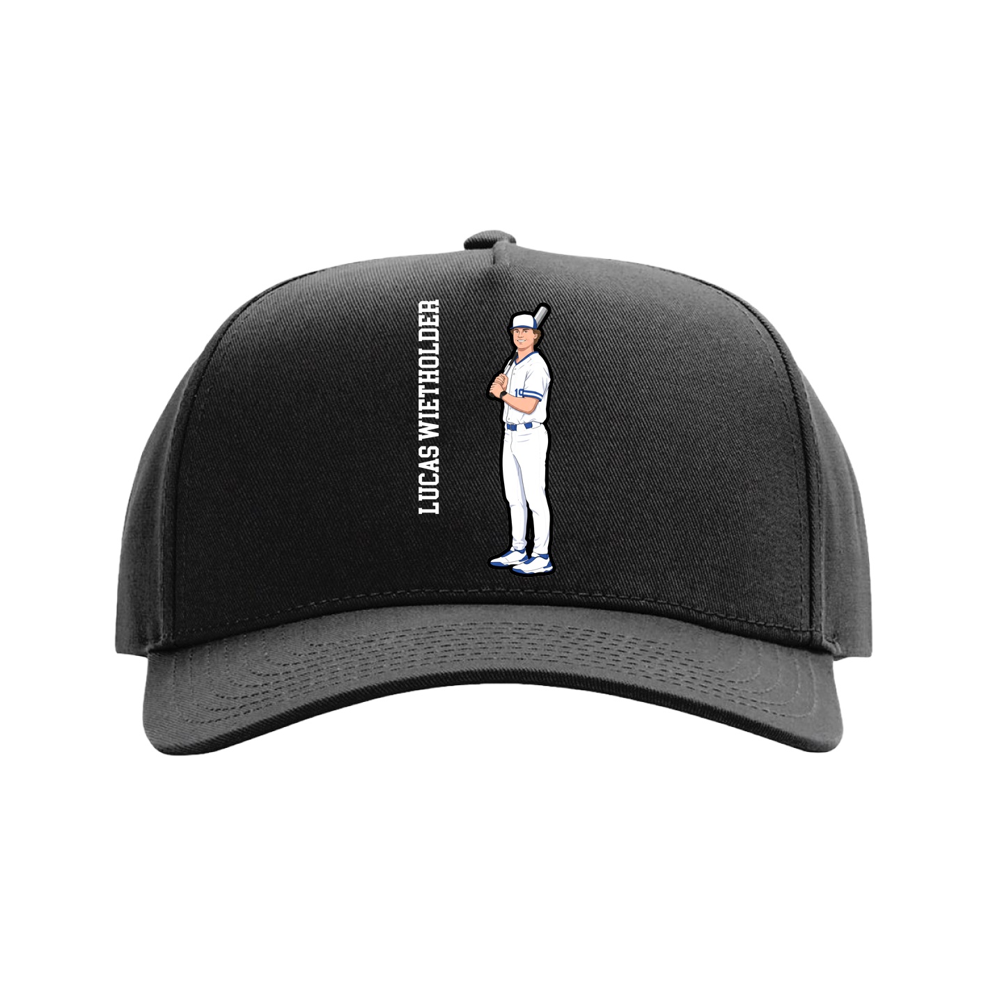 Full Fabric Five-Panel Champ Cap — Name Vertical in Black