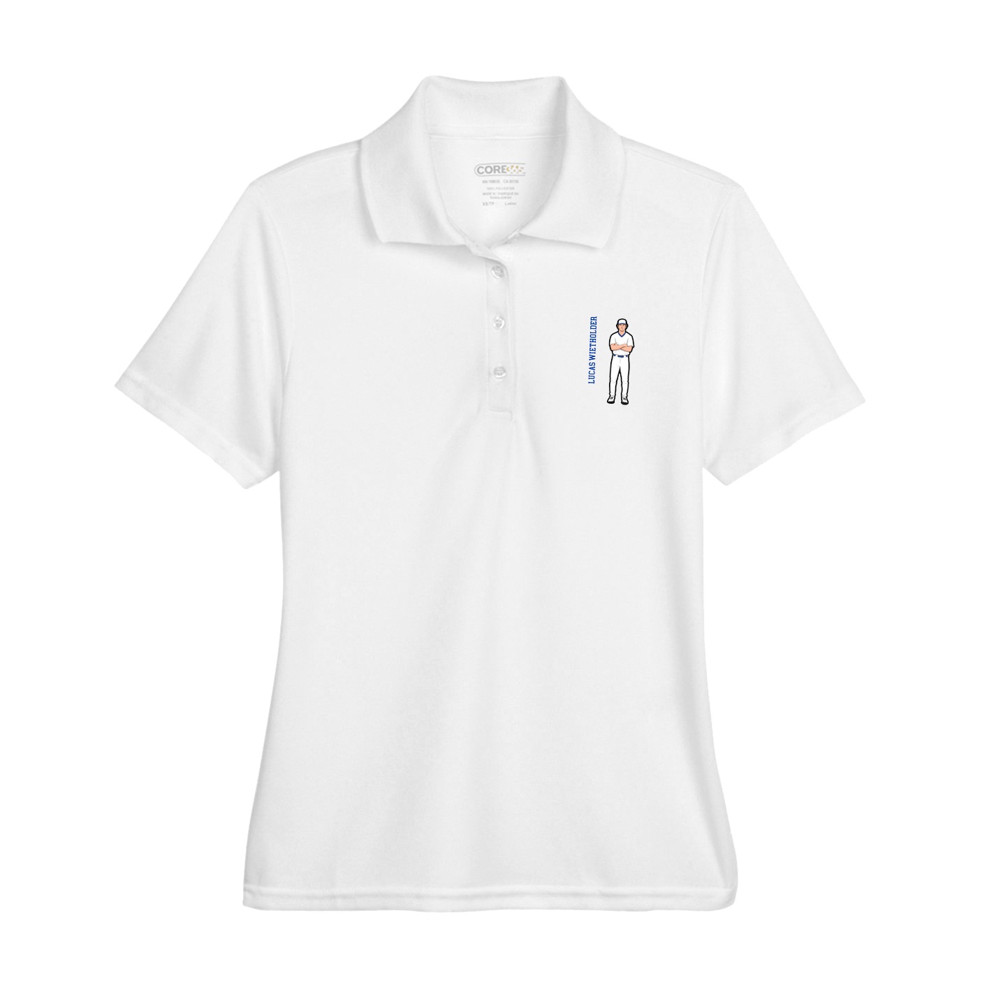Womens Performance Polo — Name Vertical in White