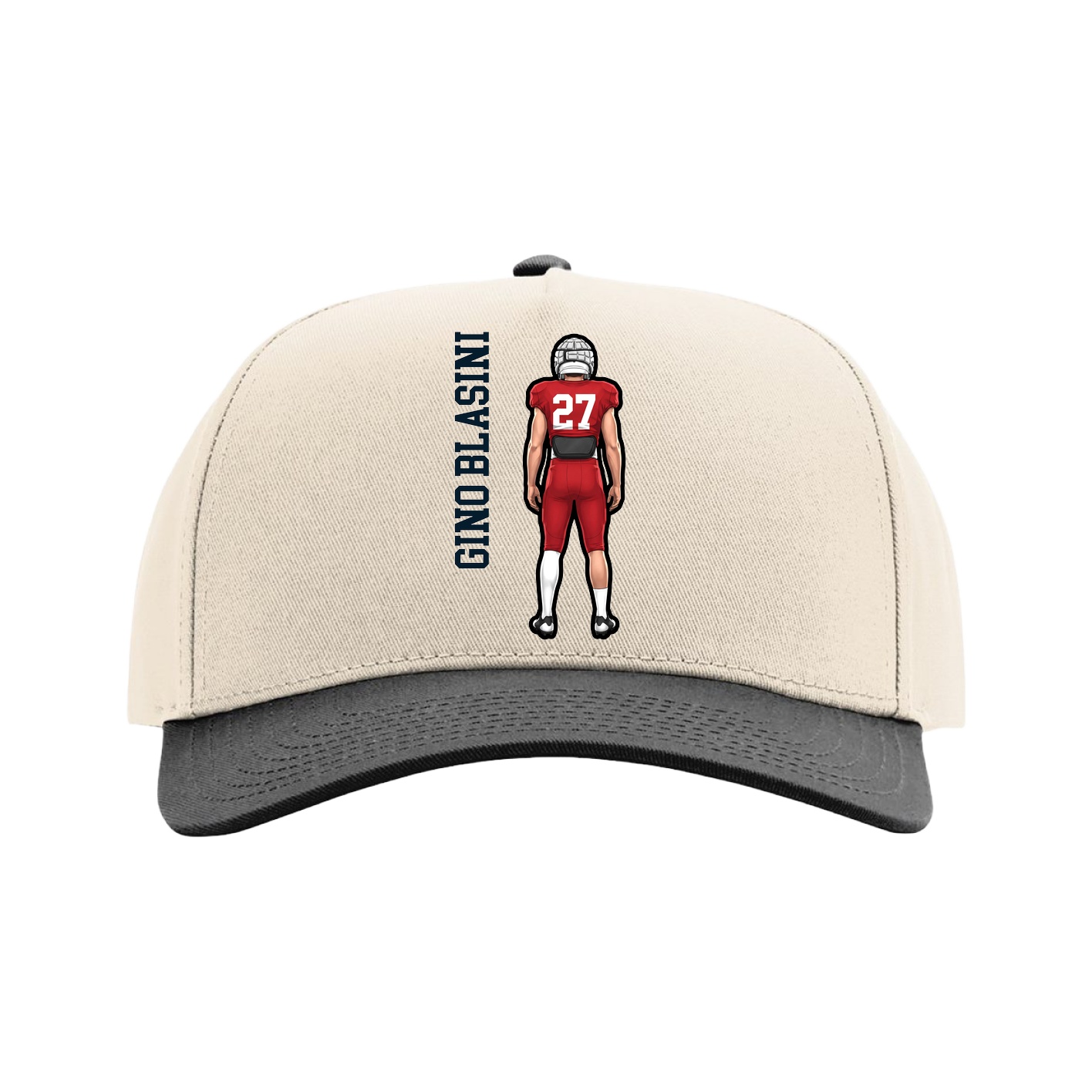 Full Fabric Five-Panel Champ Cap — Name Vertical in Cream/Black
