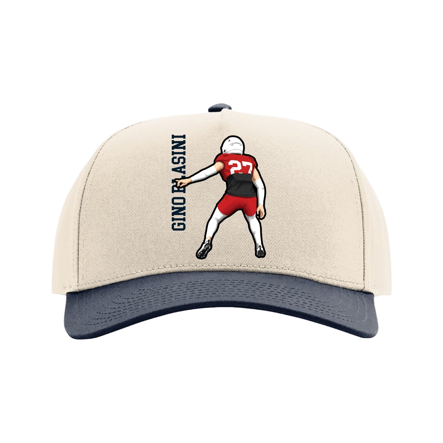 Full Fabric Five-Panel Champ Cap — Name Vertical in Cream/Navy