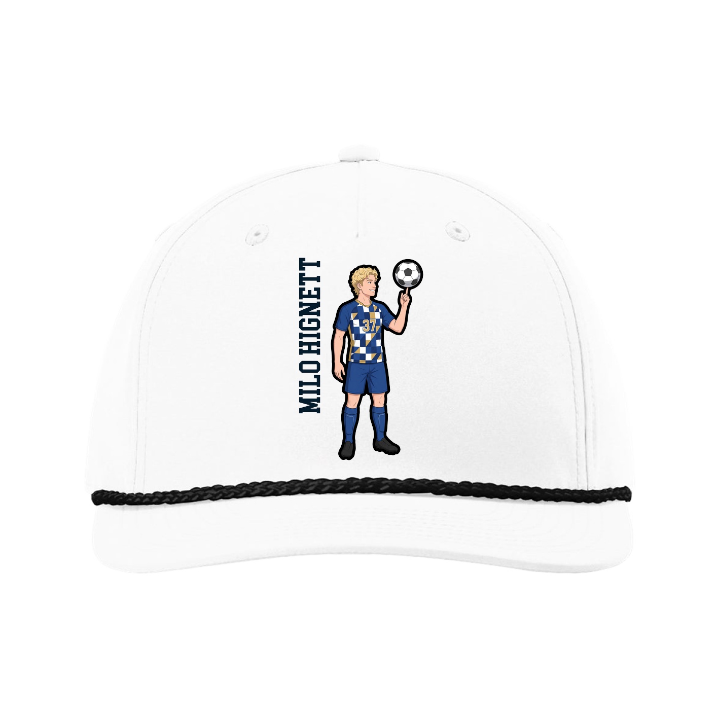 Five-Panel Classic Rope Cap — Name Vertical in White