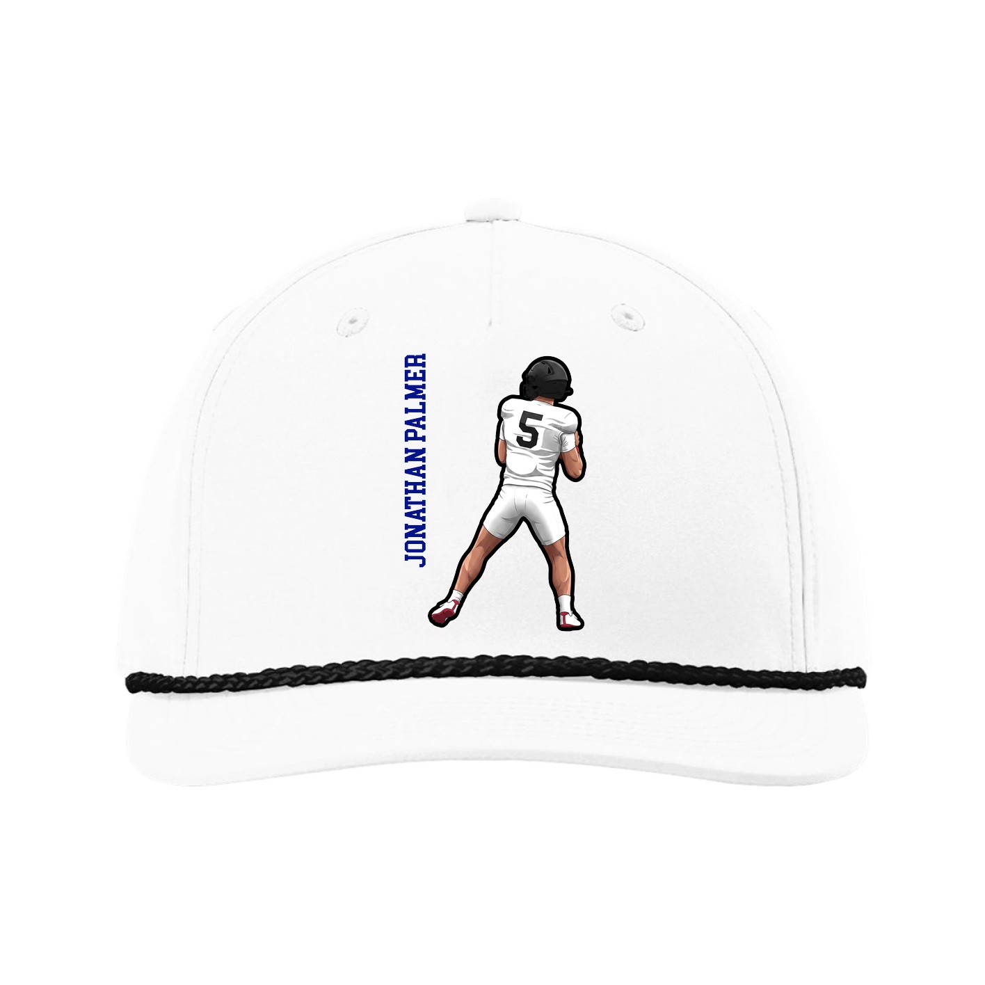 Five-Panel Classic Rope Cap — Name Vertical in White