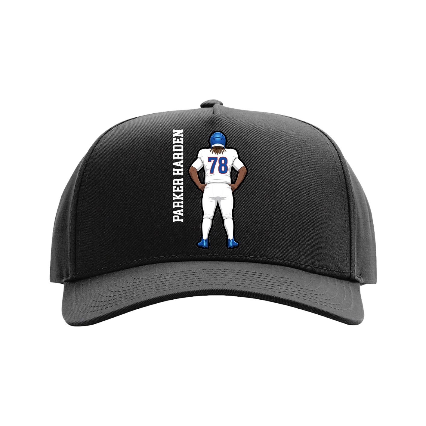 Full Fabric Five-Panel Champ Cap — Name Vertical in Black
