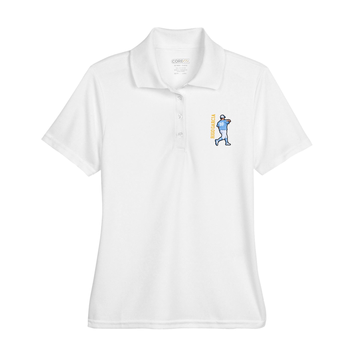 Womens Performance Polo — Name Vertical in White