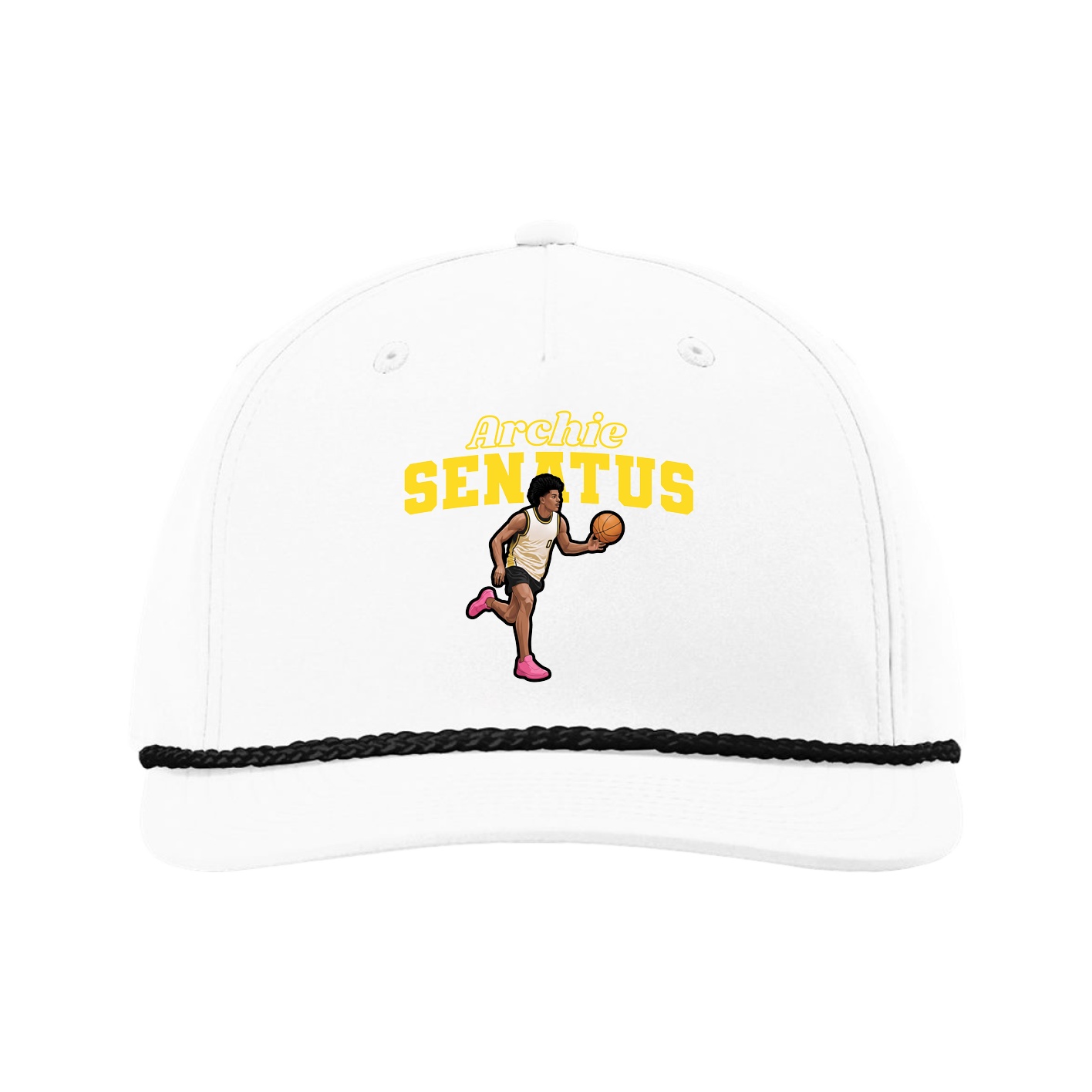 Five-Panel Classic Rope Cap — Name Arch in White