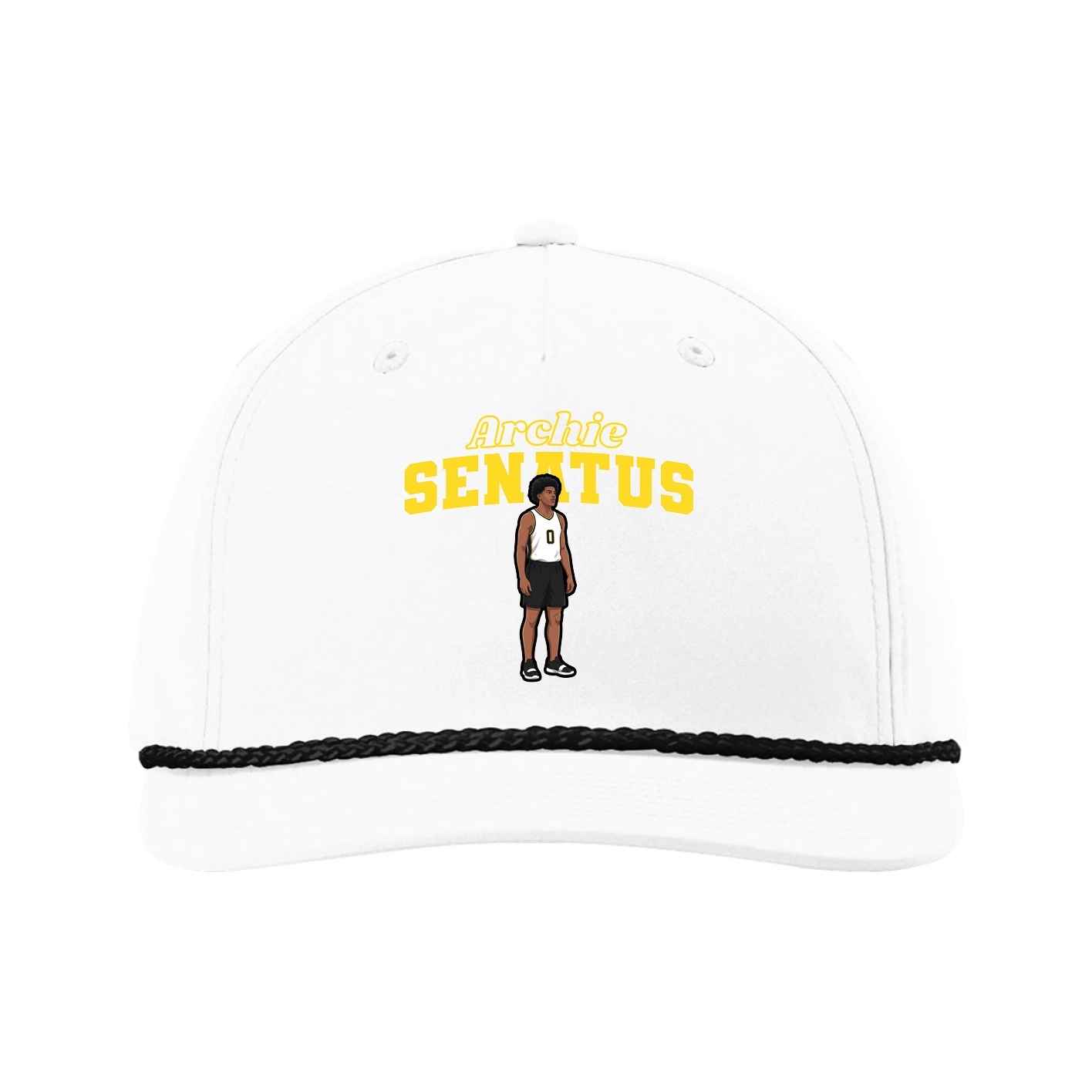 Five-Panel Classic Rope Cap — Name Arch in White