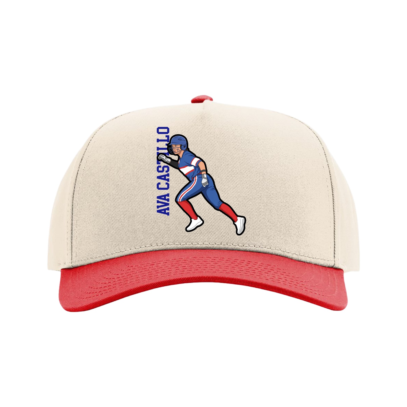 Full Fabric Five-Panel Champ Cap — Name Vertical in Cream/Red