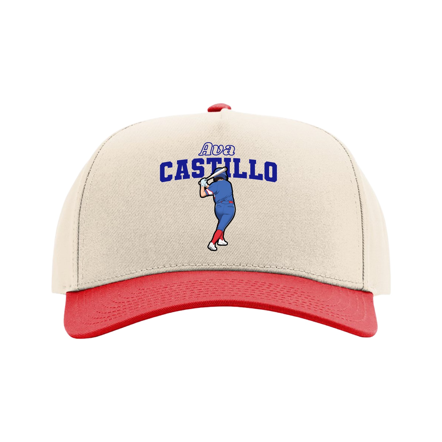 Full Fabric Five-Panel Champ Cap — Name Arch in Cream/Red