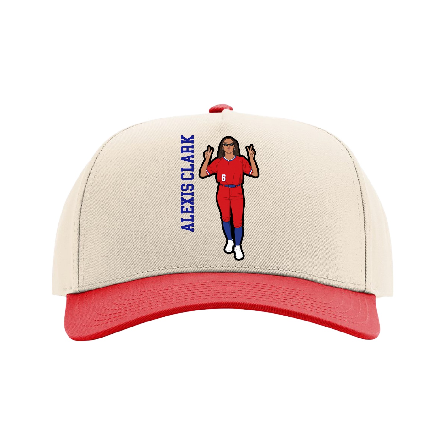 Full Fabric Five-Panel Champ Cap — Name Vertical in Cream/Red