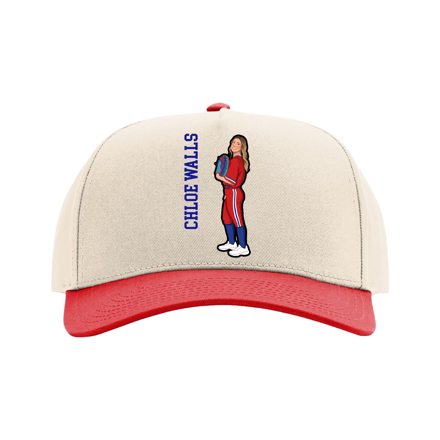 Full Fabric Five-Panel Champ Cap — Name Vertical in Cream/Red