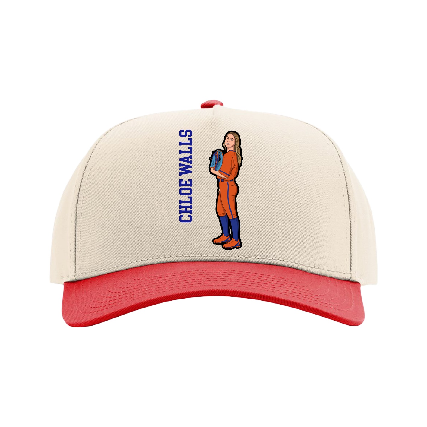 Full Fabric Five-Panel Champ Cap — Name Vertical in Cream/Red