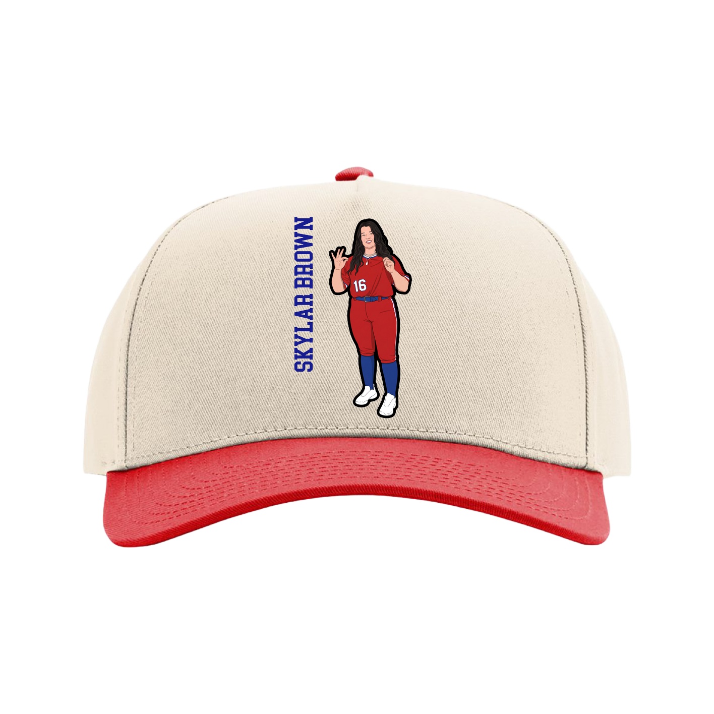 Full Fabric Five-Panel Champ Cap — Name Vertical in Cream/Red
