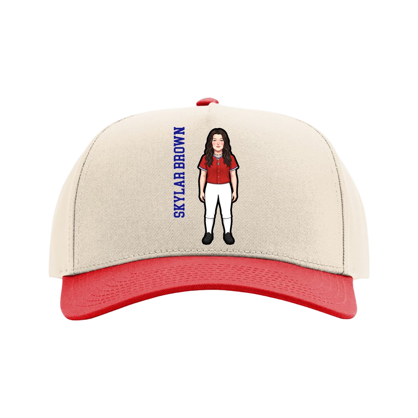 Full Fabric Five-Panel Champ Cap — Name Vertical in Cream/Red