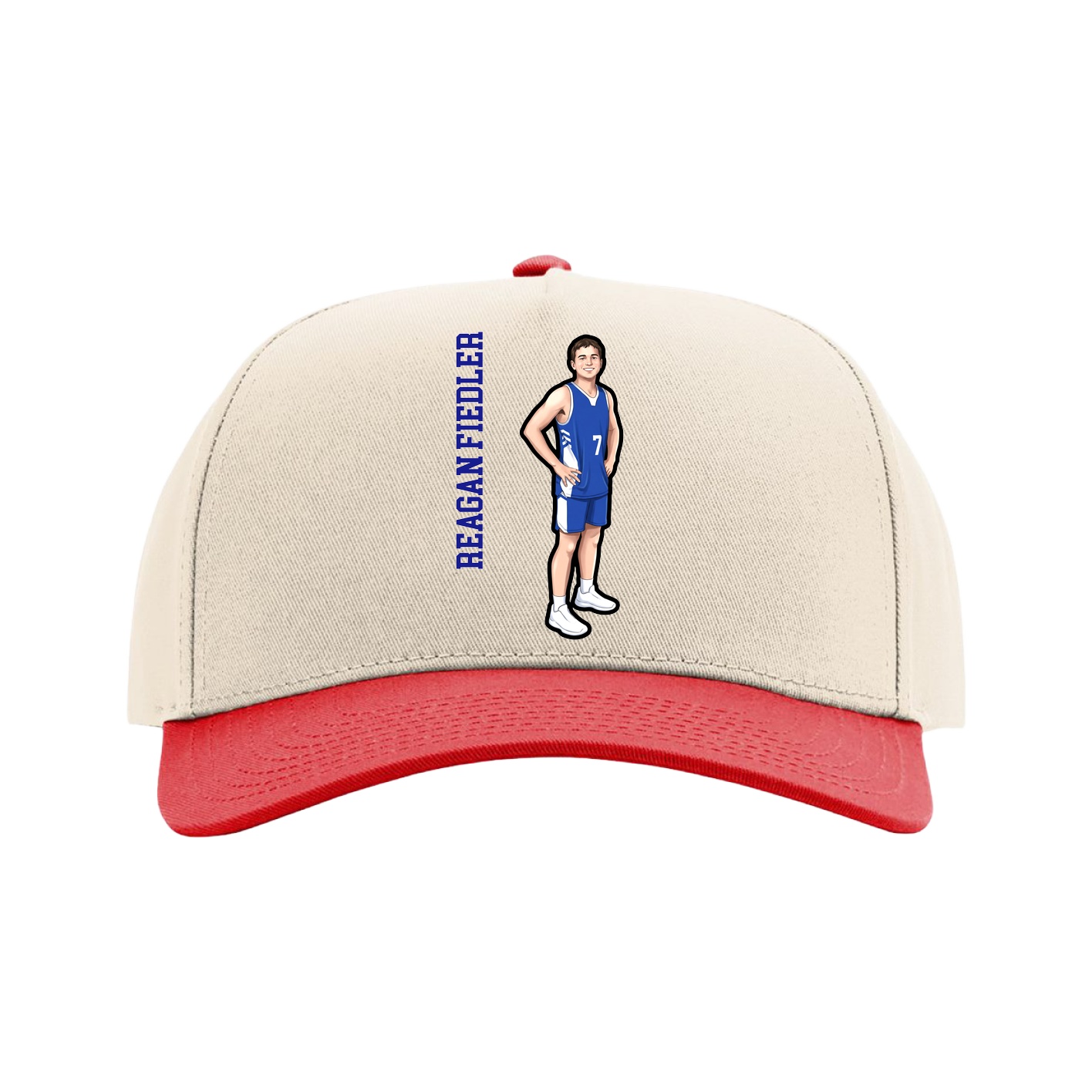 Full Fabric Five-Panel Champ Cap — Name Vertical in Cream/Red