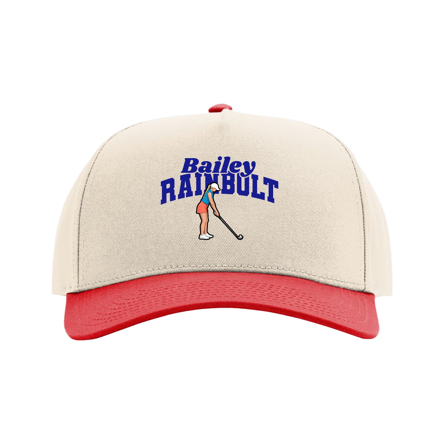Full Fabric Five-Panel Champ Cap — Signature Arch in Cream/Red