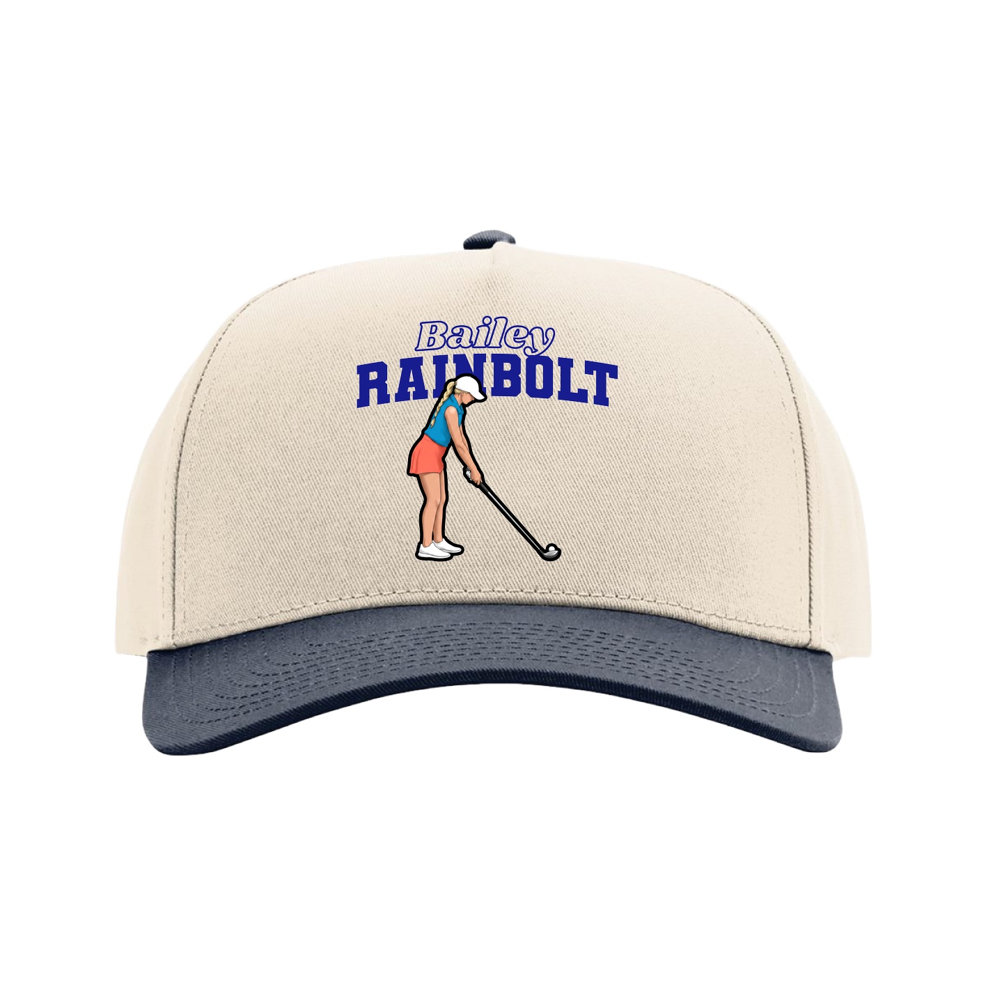 Full Fabric Five-Panel Champ Cap — Name Arch in Cream/Navy