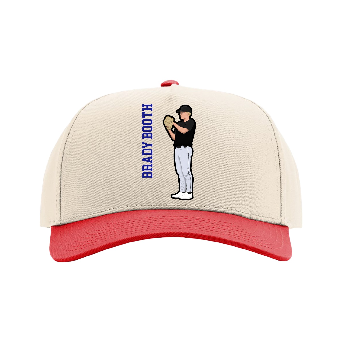 Full Fabric Five-Panel Champ Cap — Name Vertical in Cream/Red