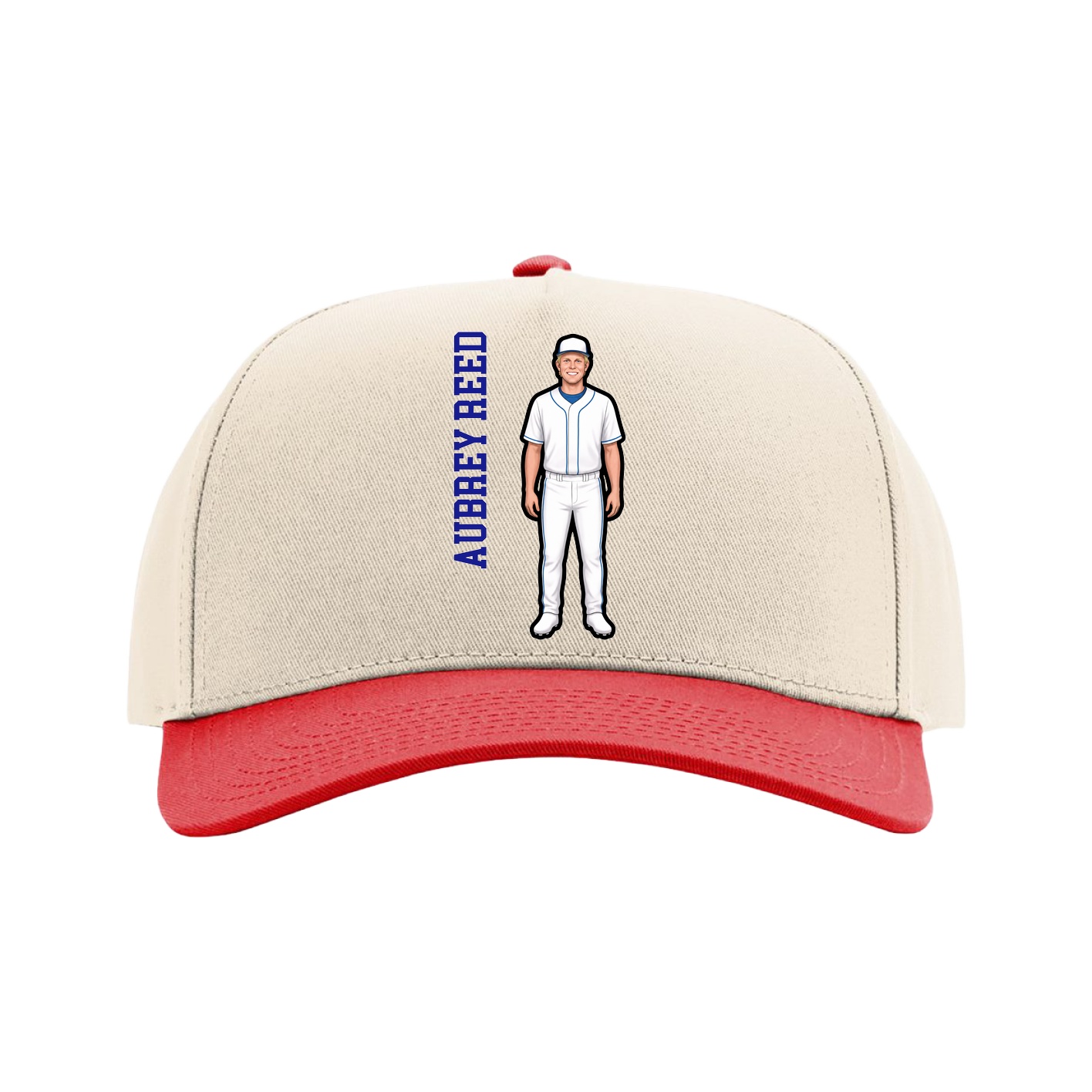 Full Fabric Five-Panel Champ Cap — Name Vertical in Cream/Red