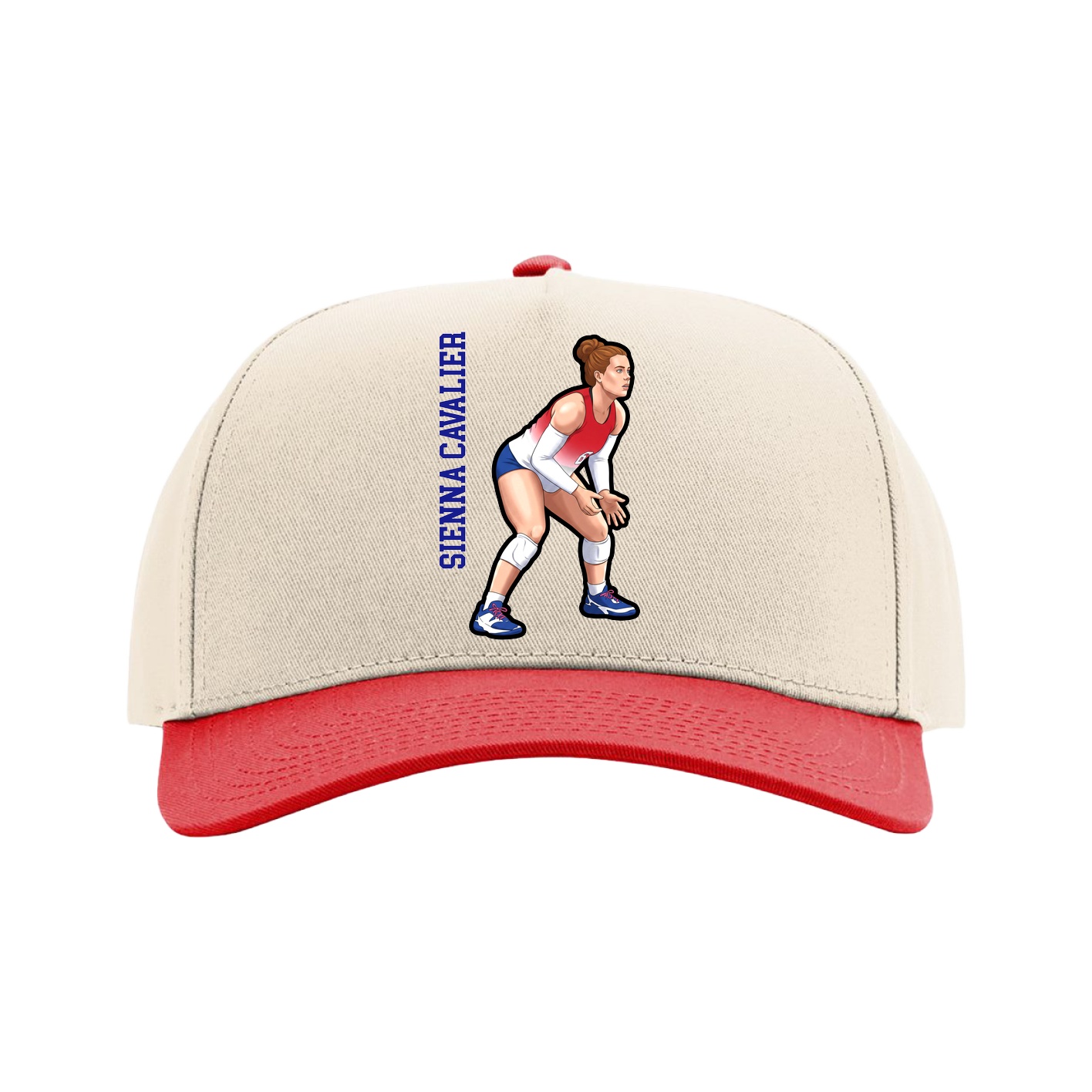 Full Fabric Five-Panel Champ Cap — Name Vertical in Cream/Red